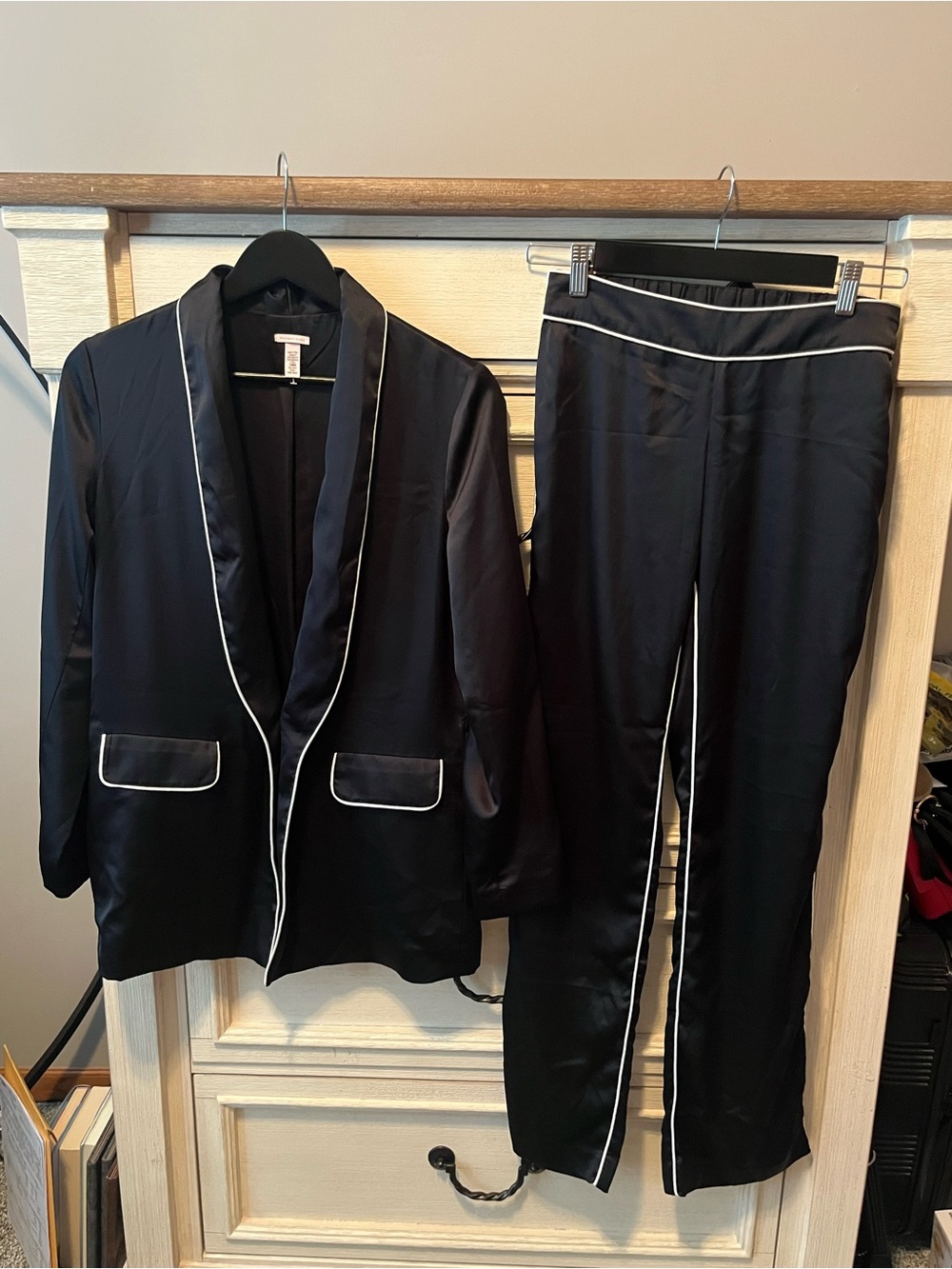 Victoria's Secret Black Satin Pajama-Style Blazer & Pants with White Piping